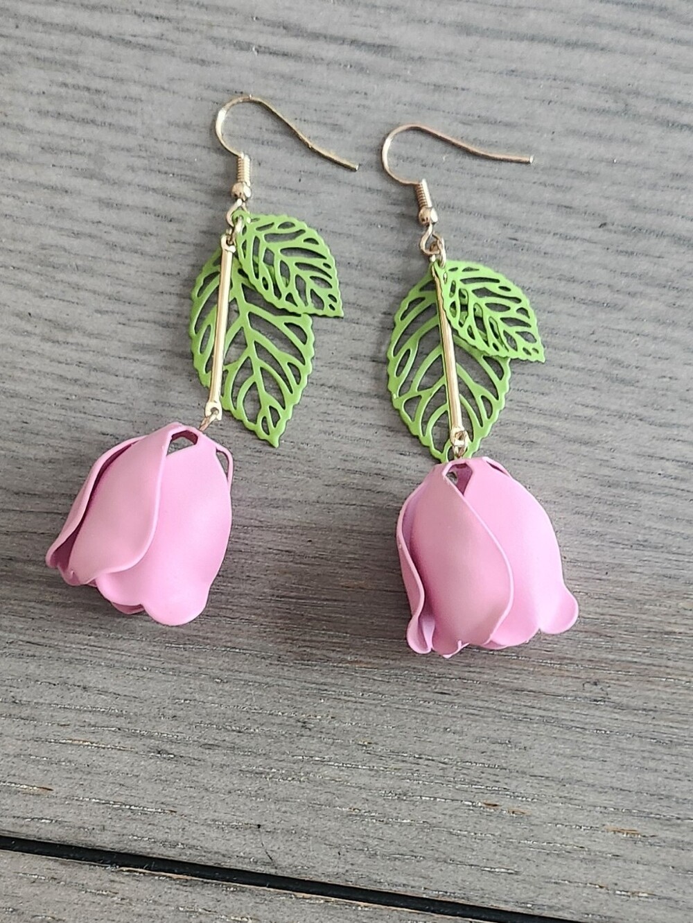 Pink Rose Drop Earrings with Green Leaf Accents Fairy Jewelry